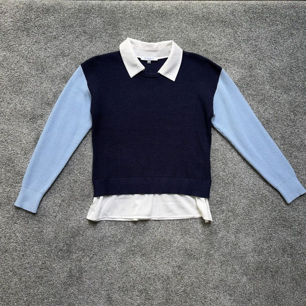 Sioni Color Blocked Layered Collared Sweater Medium Navy Light Blue